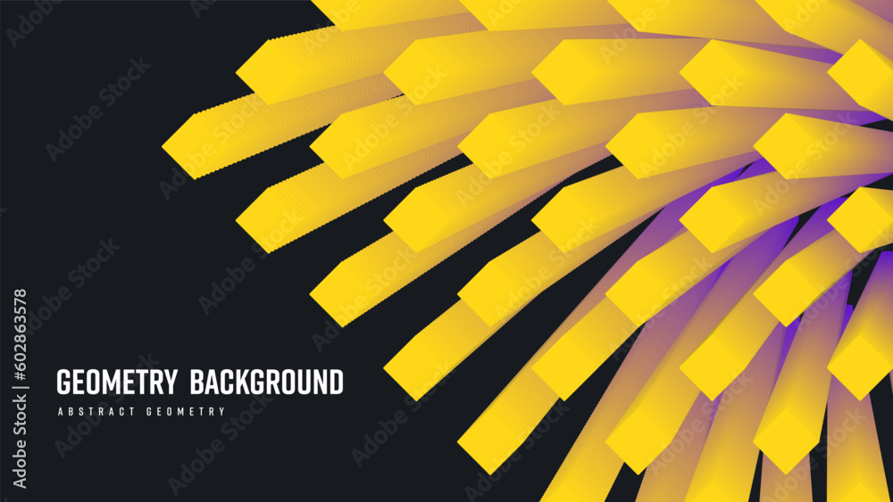 Poster Vector geometric abstract background with yellow rhombuses, gradient shape blend 3d on a black backdrop, dynamic elements.