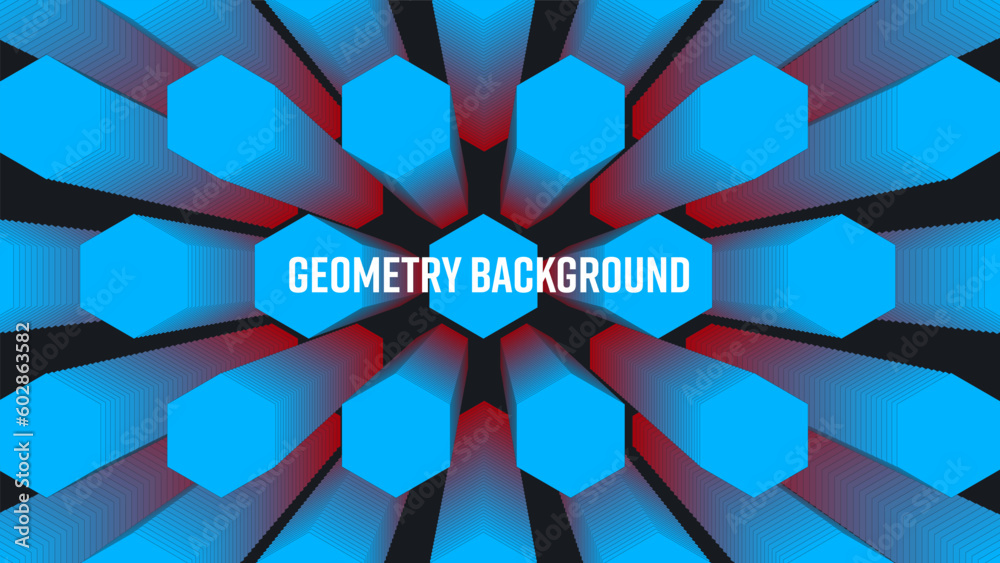 Poster Vector geometric abstract background with blue hexagons, gradient shape blend 3d on a black backdrop.