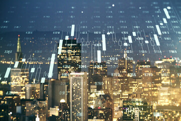 Multi exposure of stats data illustration on San Francisco city skyline background, computing and analytics concept