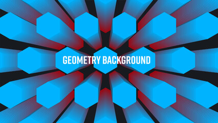 Vector geometric abstract background with blue hexagons, gradient shape blend 3d on a black backdrop.