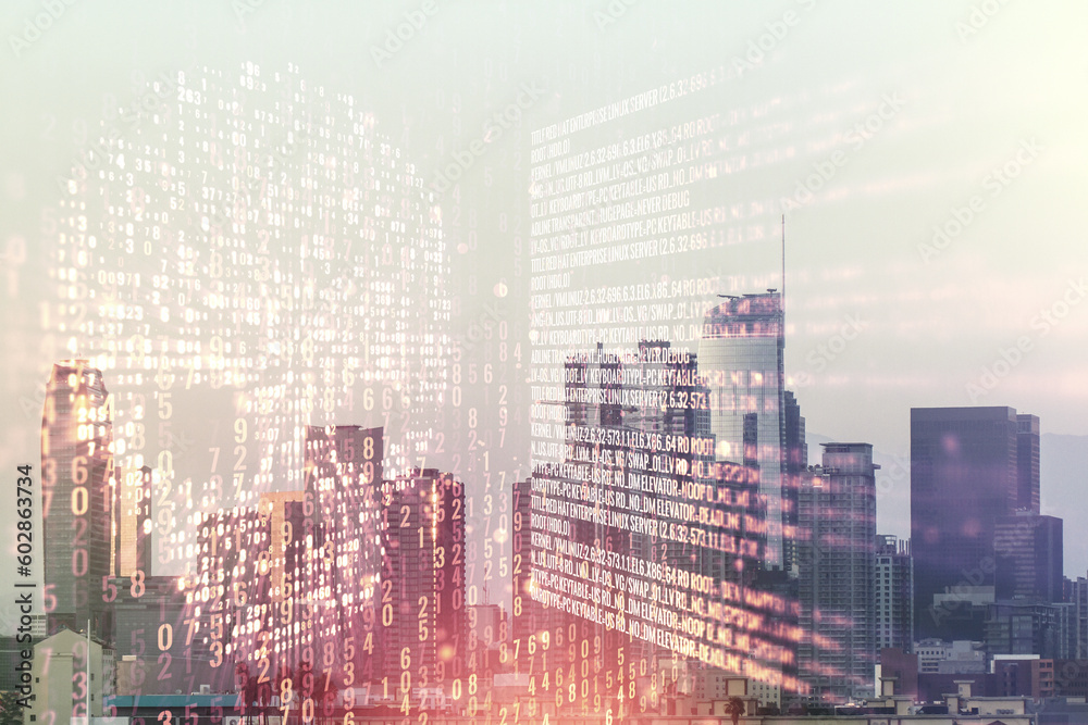 Poster double exposure of abstract virtual creative code skull hologram on los angeles city skyscrapers bac