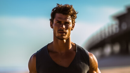 A fit, attractive young muscular man on a beach, radiating confidence. Shallow depth of field, Illustrative Generative AI.