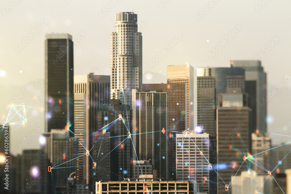 Poster Abstract virtual wireless technology hologram on Los Angeles skyline background. Big data and database concept. Multiexposure