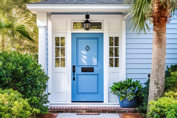 AI generative. A front entrance of a home with a blue door - obrazy, fototapety, plakaty