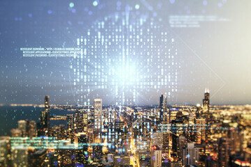 Abstract virtual creative code skull hologram on Chicago office buildings background, theft of personal data and malware concept. Multiexposure