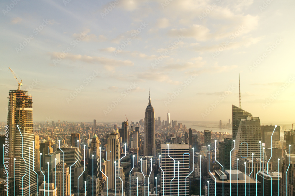 Aufkleber double exposure of abstract virtual circuit hologram on new york city skyscrapers background. resear