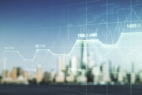 Double exposure of abstract creative statistics data hologram on blurry office buildings background, analytics and forecasting concept