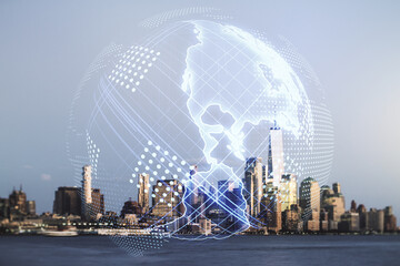 Virtual digital map of North America on New York city skyline background, international trading concept. Multiexposure