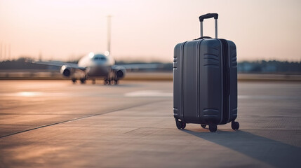 A suitcase on a runway with a blurred airplane in the background. Business travel concept. Travel background