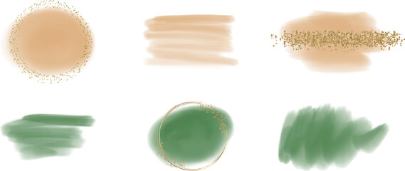 Green and peach watercolor hand drawing splashes with golden glitter frames

