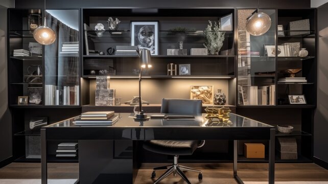 Interior design of Home Office in Modern style with Desk decorated with Metal, Glass, Leather material. Contemporary architecture. Generative AI AIG24.