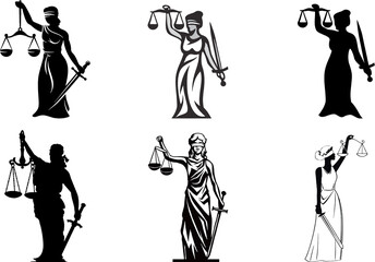 Set of Greek justice goddess, Themis holding sword and the scales of justice. Personification of justice, divine order, fairness, and law.