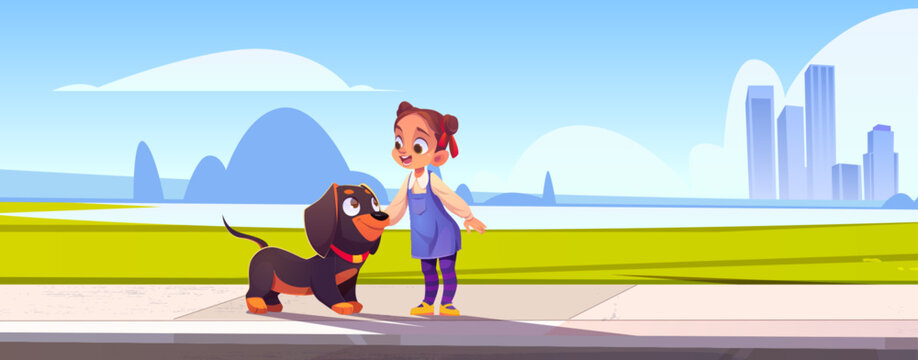 Girl with dog on summer city street near lake vector landscape. Cityscape with building, road, sidewalk and grass. Little kid citizen character with pet outdoor walk near pond cartoon illustration.