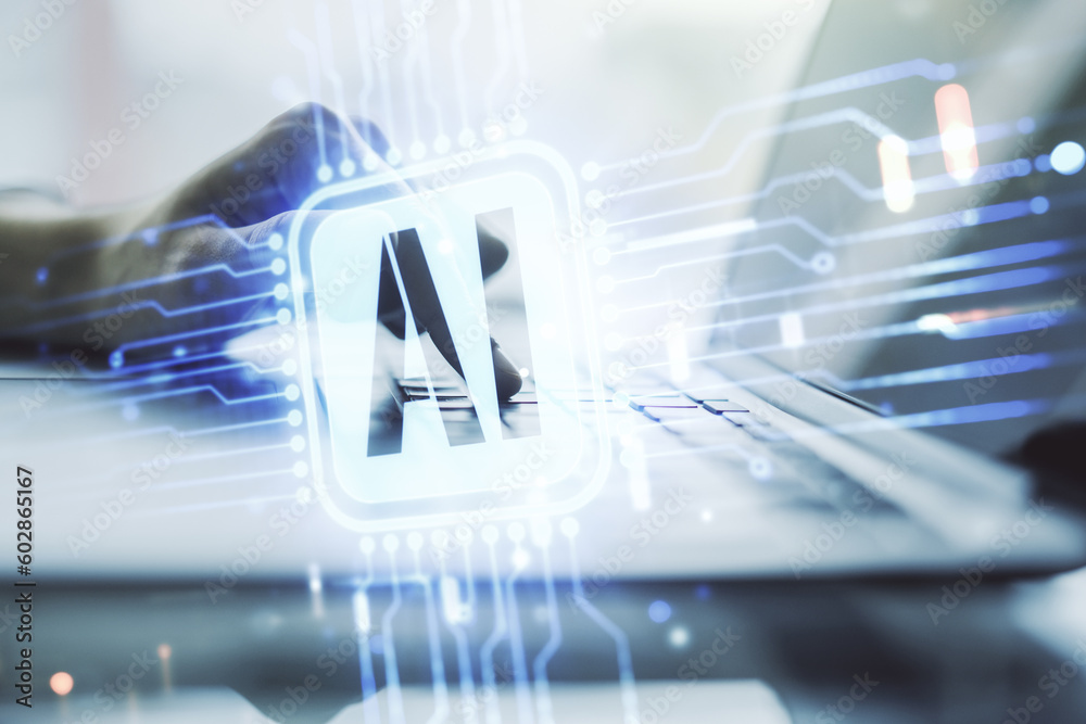 Poster double exposure of creative artificial intelligence icon with hands typing on laptop on background. 