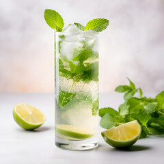 refreshing mojito in a traditional highball glass, with fresh mint leaves and lime wedges on light background, Generative AI