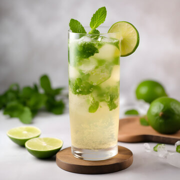 refreshing mojito in a highball glass, with fresh mint leaves on a background of limes on grey background, Generative AI