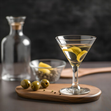 martini in a sophisticated glass, with a twist of lemon peel and an olive, Generative AI