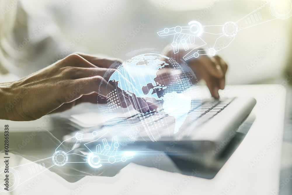 Aufkleber double exposure of robotics technology with world map hologram and hands typing on laptop on backgro