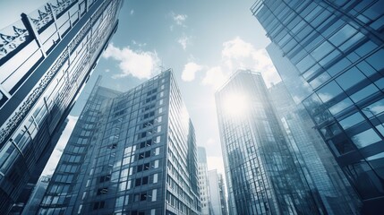 Fototapeta na wymiar A blue sky with modern office buildings in view. Generative ai