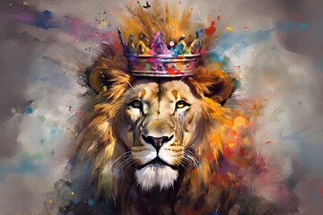 Colorful art of a lion with a crown. Animals