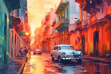 Colorful painting art of a street scene in Cuba