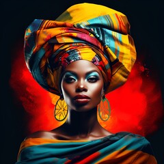 Colorful art portrait of a black woman with modern turban. African culture