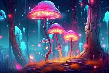 Colorful art fantasy landscape with a forest and glowing lights