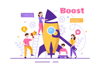 Business Boost Vector Illustration with Digital Marketing Rocket Company Career Success in Development and Profit Increase in Hand Drawn Template