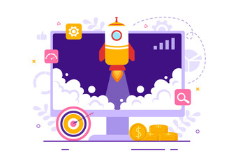 Fototapeta premium Business Boost Vector Illustration with Digital Marketing Rocket Company Career Success in Development and Profit Increase in Hand Drawn Template
