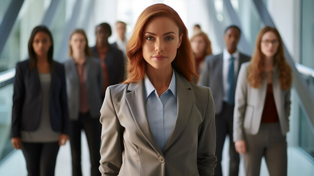Portrait of confident businesswoman standing in corridor with colleagues in background