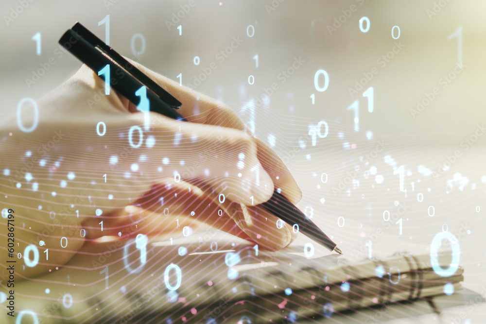 Aufkleber Creative concept of binary code illustration and woman hand writing in notebook on background. Big data and coding concept. Multiexposure