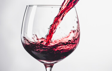 Red wine splashing out of a glass, isolated on white background. Generative AI