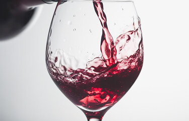Red wine splashing out of a glass, isolated on white background. Generative AI