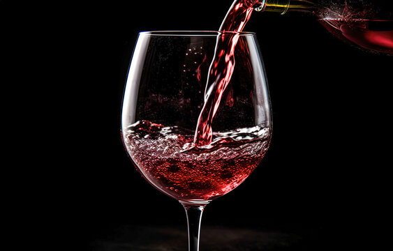 Red wine splashing out of a glass, on black background. Generative AI