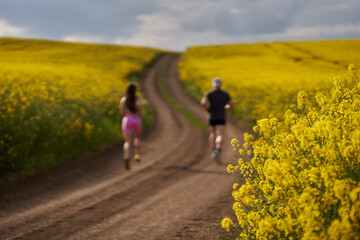 Fototapeta premium Endurance runners on a dirt track in a canola field, training