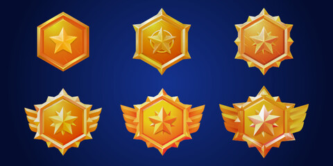 Gold game badge rank medal ui icon vector set. Isolated level trophy cartoon insignia military achievement award. Hexagon label with wings button design for 1st winner prize interface collection. - obrazy, fototapety, plakaty
