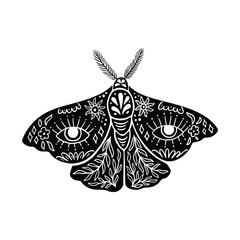 Celestial Luna Moth LInocut Vector Icon. Mystic Floral Insect Silhouette Isolated on White Background. Boho and Magic Witchy Eye Clipart, Occult Symbol Illustration. Black Butterfly Print for T Shirt