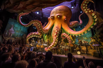 A giant octopus playing a rock concert on an underwater stage, using its tentacles to play multiple instruments, like guitar, drums, and keyboard, with a crowd of marine life cheering it on.