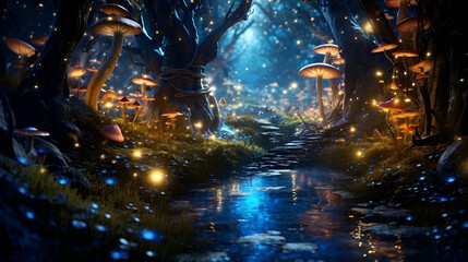 Mysterious forest with mushrooms. 3D illustration. Fantasy background