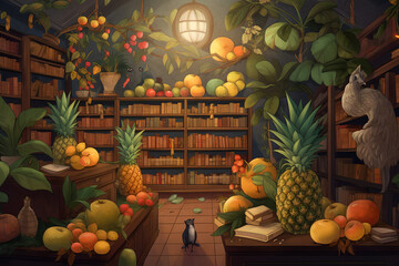 A grand library with shelves filled with books made of fruit, such as banana books, apple books, and pineapple books, with well-dressed animals quietly browsing and reading