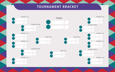 Vector tournament bracket with colorful rhombus pattern background. Simple knocked-off stages drawing. Suitable for football, badminton, basketball, and other sports. - obrazy, fototapety, plakaty