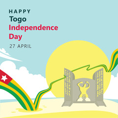 Togo independence day on 27th April. African national day vector illustration. Colorful national day vector illustration with independence monument, long wavy flag, and shore scenery.