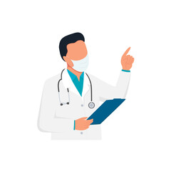 Young doctor holding a tablet for writing and paying attention in protecting mask and uniform with a stethoscope isolated on the white background. Flat vector illustration