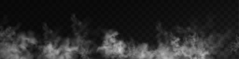 Realistic fog, mist effect. Smoke on dark background. Vector vapor in air, steam flow. Clouds.
