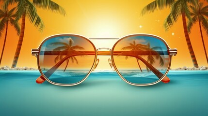 Summer time fun concept design. Creative background of landscape, panorama of sea and beach on sunglasses. Summer sale, post template generative ai