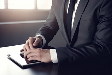 Businessman using mobile phone with blank screen sitting at office desk.
