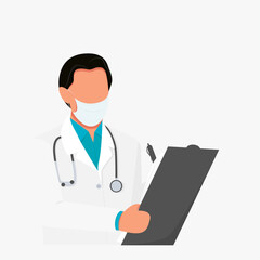 Fototapeta premium Young doctor holding a tablet for writing in mask and uniform with a stethoscope isolated on the white background. Flat vector illustration