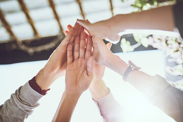 Business people, hands and high five for teamwork, success or winning in unity or collaboration outdoors. Group touching hand in agreement, meeting or team building in win together at the workplace