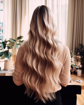 Back view of blonde woman with long wavy hair looking at window at home