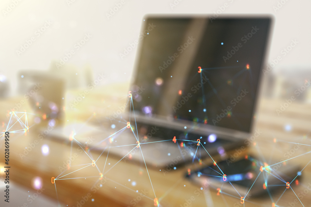 Poster creative concept of wireless technology and modern desktop with computer on background. big data and
